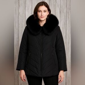 Steve Madden Solid Color Regular Black winter Coat with attached black real fox